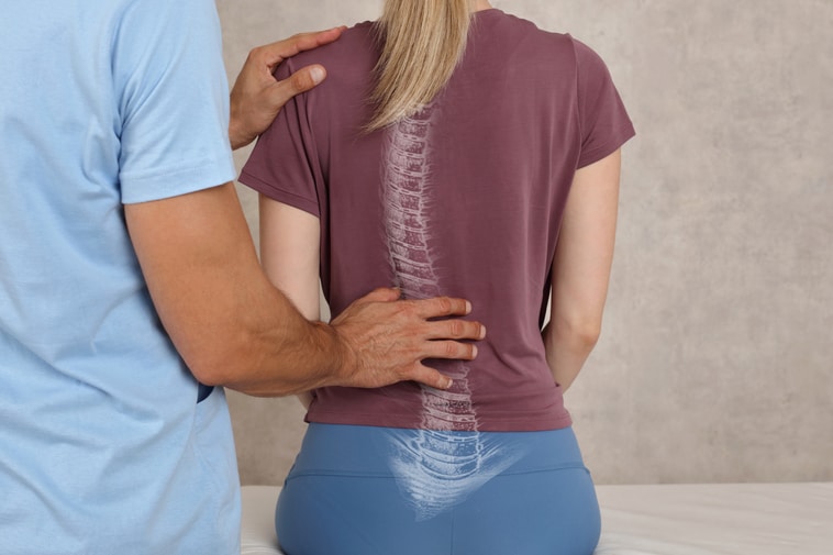 A doctor examines a patient with a lateral curvature of the spine