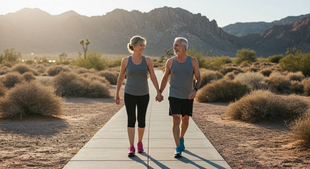 Older fit couple walks on a desert path not long after man has had endoscopic spine surgery